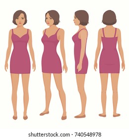  fashion vector illustration , woman isolated in dress, front, back and side view, 