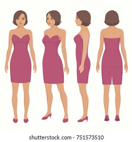 fashion vector illustration, woman isolated in dress, front, back and side view