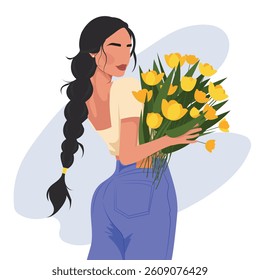 Fashion vector illustration of woman with long braid holding yellow tulips. Spring feminine aesthetic. Trendy outfit. Minimal flat design. Isolated clipart on white.
