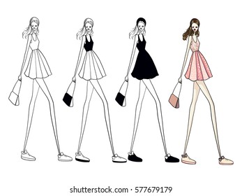 Fashion vector illustration, woman in modern clothes, posing, clothes, dress