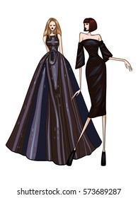 Fashion vector illustration, women in modern clothes, posing,  black dresses