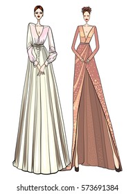 Fashion vector illustration, women in modern clothes, posing,  wedding dress
