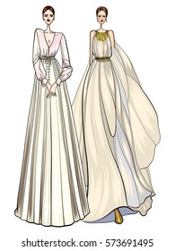 Fashion vector illustration, women in modern clothes, posing,  wedding dress