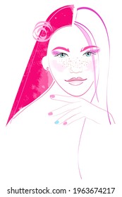 Fashion vector illustration of young woman. Female face. Charming girl with pink hair, freckles and blue eyes