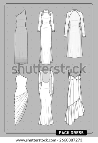 Fashion vector pack of elegant women's dresses featuring multiple skirt styles: asymmetrical draping, fishtail, layered ruffles, pleated and fitted silhouettes. Ideal for urban fashion concepts