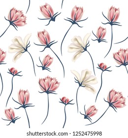 Fashion vector pattern with cosmos pink flowers in realistic style