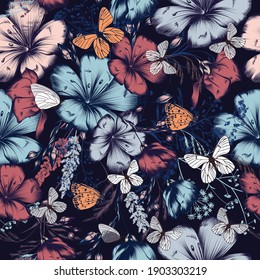 Fashion vector pattern with flowers ad butterflies in vintage style