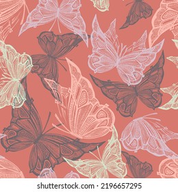 Fashion vector pattern with flying butterflies, suitable for textile print, hand drawn illustration, bright red color