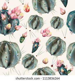 Fashion vector pattern with green bloom cactus plants