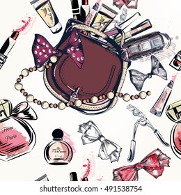 Fashion vector pattern with hand drawn female bag and cosmetics lipstick cream bow perfume and other