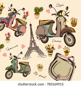 Diseño vectorial de moda con moto dibujada a mano, torre Eifel, flores y otras