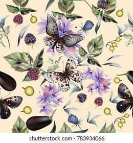 Fashion vector pattern with hand drawn butterflies and flowers