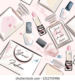 Fashion vector pattern with perfume bottles and cosmetics