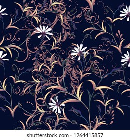 Fashion vector pattern with plants in vintage style and ornament
