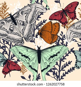 Fashion vector pattern with rustic plants and butterflies in vintage style