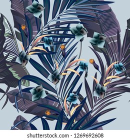 Fashion vector pattern with tropical branches in vintage style
