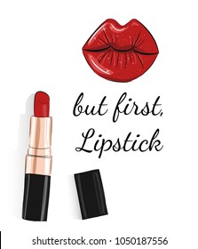 Fashion vector poster with  lips lipstick.Vector illustration with lettering. Fashion card. Fashion banner. Wall decor. Fashion print.