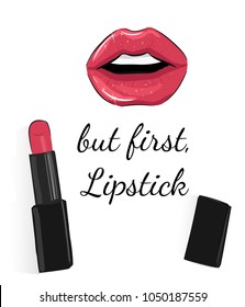 Fashion vector poster with  lips lipstick.Vector illustration with lettering. Fashion card. Fashion banner. Wall decor. Fashion print.