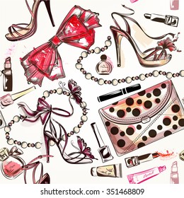 Fashion vector seamless background with pink hand drawn female shoes lipstick perfume and other cosmetics