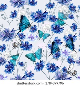 Fashion vector seamless pattern with blue cornflowers and butterflies for fabric design 