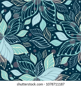 Fashion vector seamless pattern. Elegant leaves on dark background. Template for design fabric, backgrounds, wrapping paper, package and textile. Tropical jungle texture.