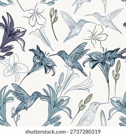 Fashion vector seamless pattern with hummingbirds lily flowers in blue tones
