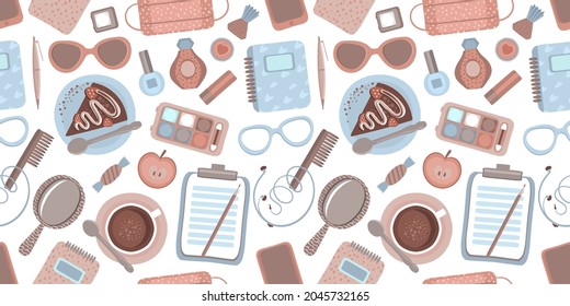 Moda vectorial modelo sin fisuras mockup con accesorios y herramientas para niñas - cosméticos, dulces, gadgets, gafas, máscara facial, teléfono, café, pastel, etc.