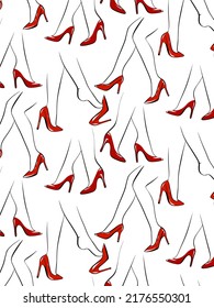 Fashion vector seamless pattern with red shoes on white background.
