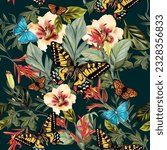 Fashion vector seamless pattern tropical  leaves and butterflies