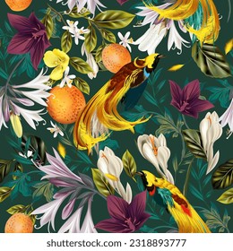 Vector de moda, plantas tropicales sin fisuras, flores y aves paradisíacas