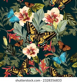 Fashion vector seamless pattern tropical  leaves and butterflies