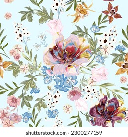 Fashion vector seamless pattern watercolor flowers tulips, florals, cosmos