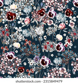 Fashion vector seamless pattern watercolor flowers violets on navy blue back