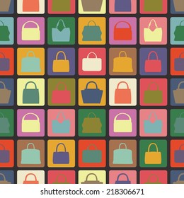 Fashion vector seamless pattern.Colorful flat icons with silhouettes of  women's  hanbags,high heel shoes.Zigzag background.Vector background,backdrop,fabric,wallpaper