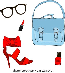 Fashion vector set. Bag, glasses, lipstick, heels