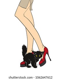 Fashion vector sketch. Beautiful female legs in red leather shoes with high heels and black cute kitten.