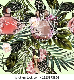 Fashion vector tropical palm leaves and perfume pattern