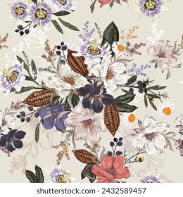 Fashion vector vintage floral pattern hand drawn flowers victorian style