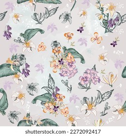 Fashion vector vintage pattern with lemon and other flowers