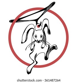 Fashion victim. Rabbit hanging on clothes hanger. Animals protection, anti-fur emblem. Vector illustration.