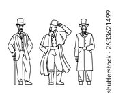 fashion victorian outfit man vector. gentle waistcoat, frock coat, cravat top fashion victorian outfit man character. people black line pencil drawing illustration