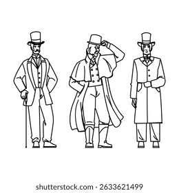 fashion victorian outfit man vector. gentle waistcoat, frock coat, cravat top fashion victorian outfit man character. people black line pencil drawing illustration