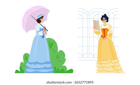 vetor de mulher vitoriana da moda. etiqueta do espartilho, literatura sufragista, feminilidade da modéstia moda personagem de mulher vitoriana da moda.