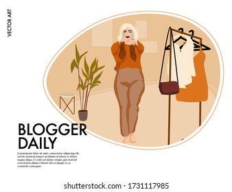 Fashion video blogger , woman with wardrobe illustration. Cartoon character at home dressing in shopping apparel . Online shopping vector art.