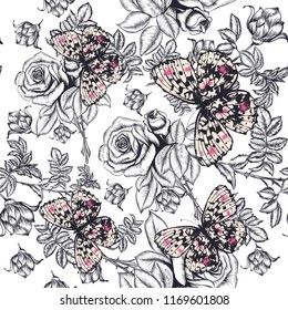 Fashion vintage beautiful vector pattern with hand drawn rose flowers and butterflies