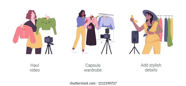 Fashion vlog isolated cartoon vector illustrations set. Recording haul video, stylish women reviewing clothes, filming capsule wardrobe for online channel, choose stylish accessories vector cartoon.