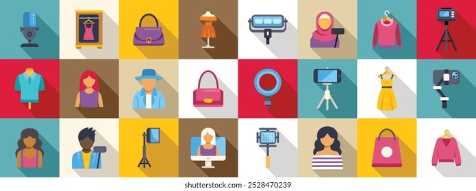 Fashion vlogger icons set. Fashion bloggers using cameras, microphones, lighting, and other equipment to create content for their followers