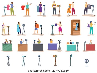 Fashion vlogger icons set cartoon vector. Live streaming blog. Video mobile