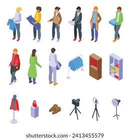 Fashion vlogger icons set isometric vector. Live streaming. Woman dressing camera