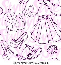 Fashion vogue seamless pattern vintage doodle hand drawn clothes and accessory vector illustration.